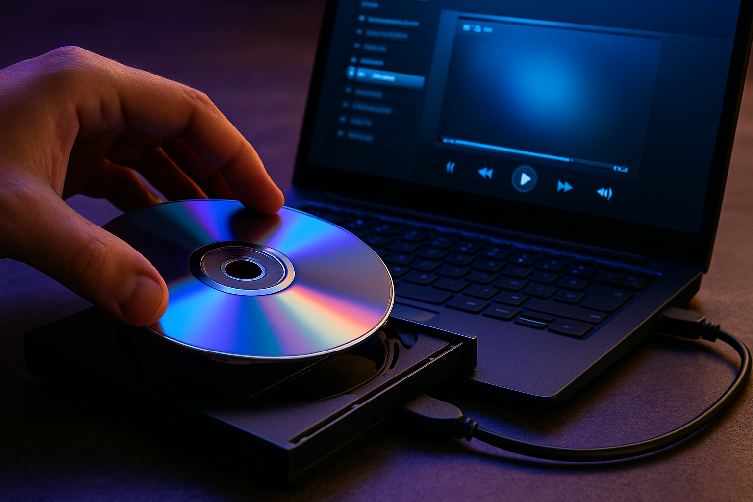 DVD disc being placed in an external drive connected to a laptop
